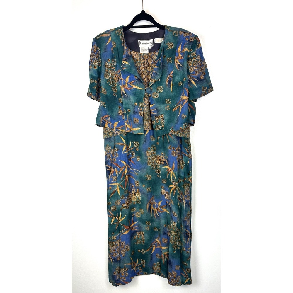 Vintage Karin Stevens Teal Blue Skirt Dress 12 Midi Gold Bamboo Boho Cottagecore